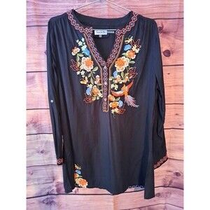 Time For Me Tunic Womens M Black Floral Embroidered  Boho  Adjustable Sleeves